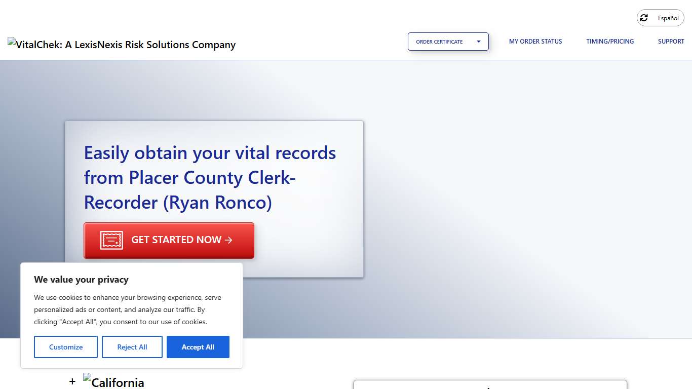 Placer County Clerk-Recorder (Ryan Ronco) (CA) Order Certificates - VitalChek
